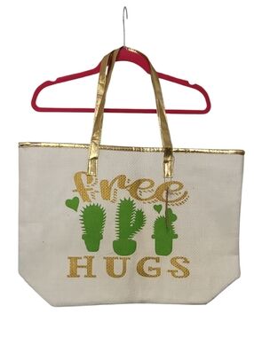 Free Hugs Cactus Print Tote Bag - White & Green with Gold Trim